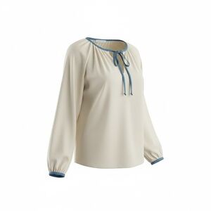 Me & Christel 70's Women's Secretary Style Long-Sleeved Tunic Shirt W/Blue Trim